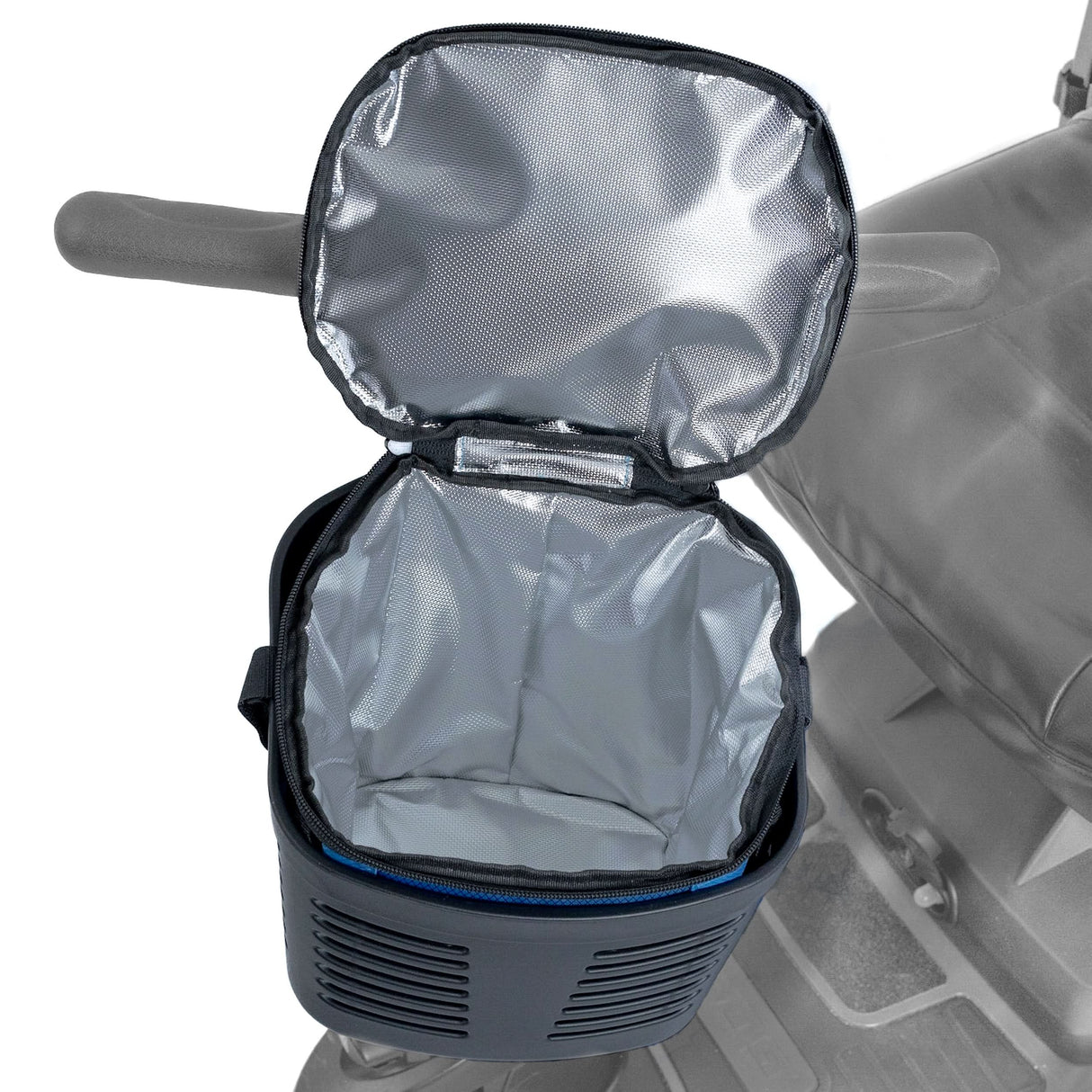 Insulated Front Basket Bag for Mobility Scooters, shown mounted on a scooter, featuring a durable design with a zippered main compartment and insulated lining for secure, temperature-sensitive storage.