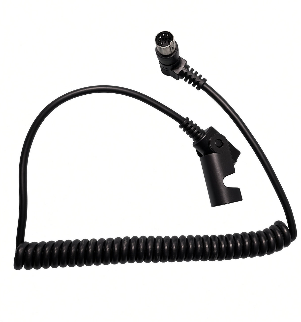 A black coiled cable with a multi-pin electrical connector on one end and a mounting clip on the other, shown on a plain white background.