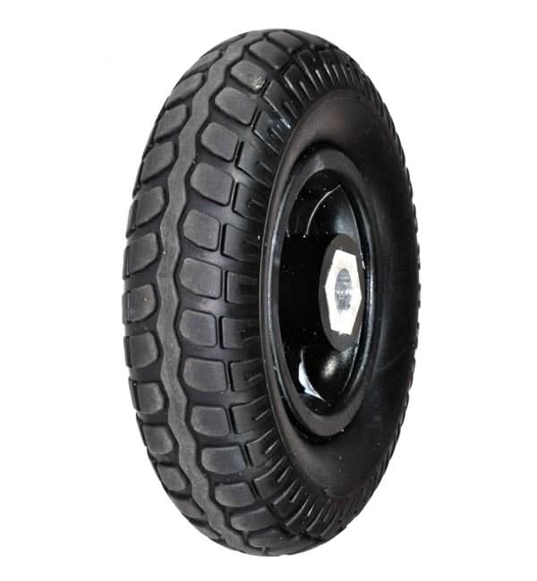 8x2 (200x50) Solid Rear Wheel Assembly with Black Rim for Drive Phantom, Phoenix 3, and Phoenix 4 Mobility Scooters, featuring a close-up of the black tire's knobby tread pattern.