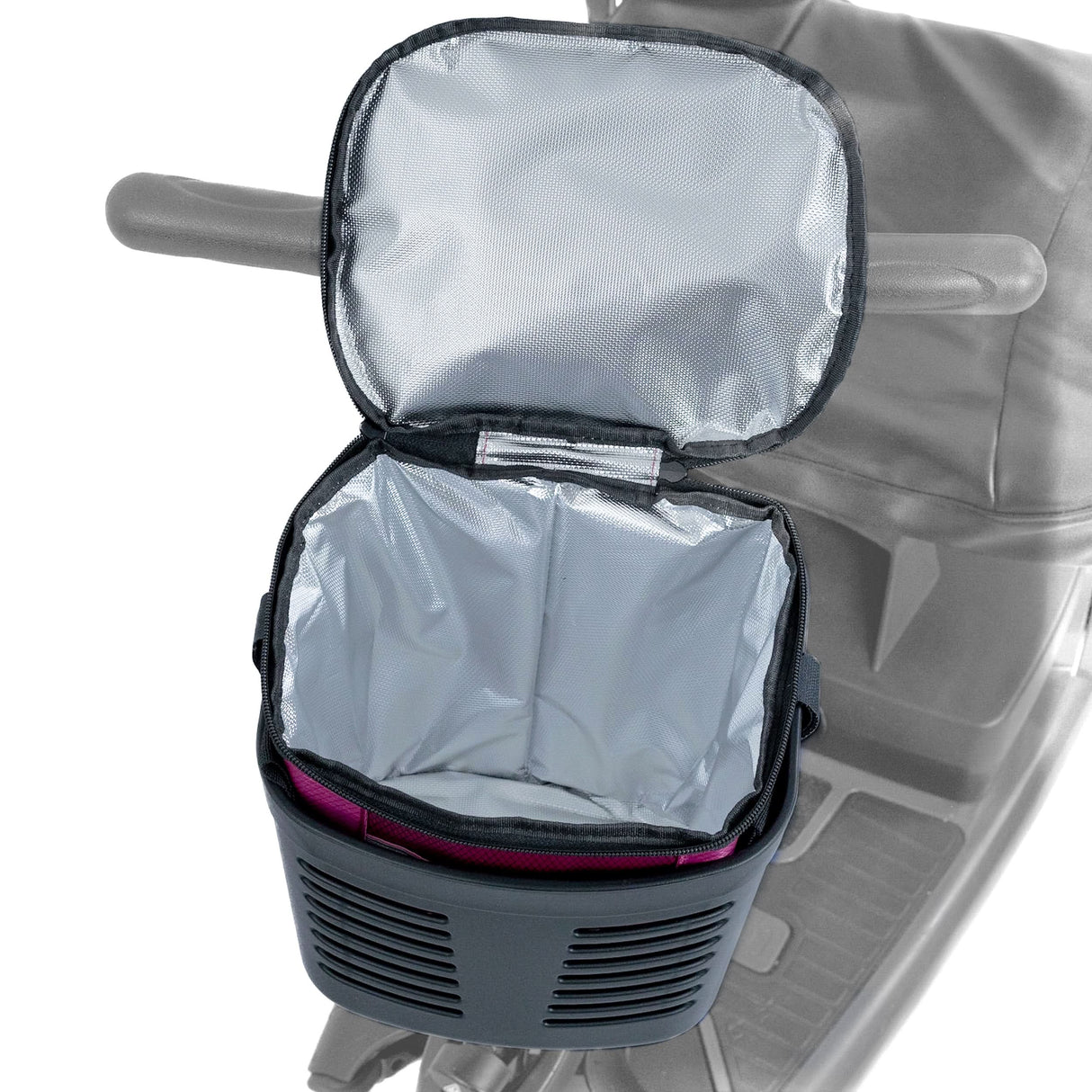 Insulated Front Basket Bag for Mobility Scooters attached to a scooter, showcasing its high-quality insulated lining and strong ripstop polyester construction with a spacious zippered main compartment for secure storage.