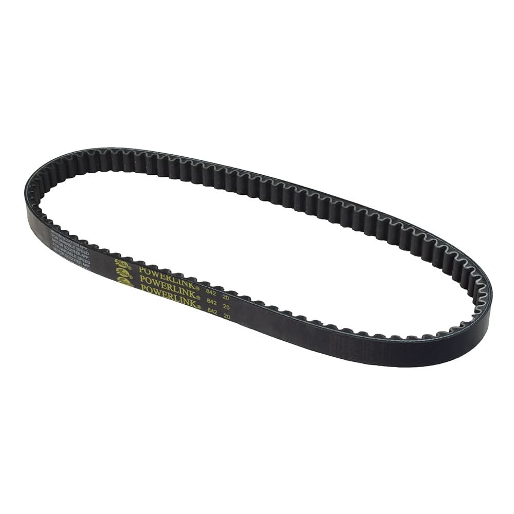 842-20-30 125cc-150cc Gates Powerlink Scooter CVT Belt, black with yellow text, designed for 125cc-150cc 4-stroke GY6 engines, suitable for CVT scooters, ATVs, dirt bikes, and go-karts.