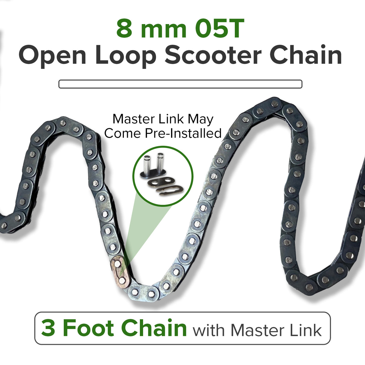 8 mm 05T Open Loop Scooter Chain - 3 Feet with Master Link