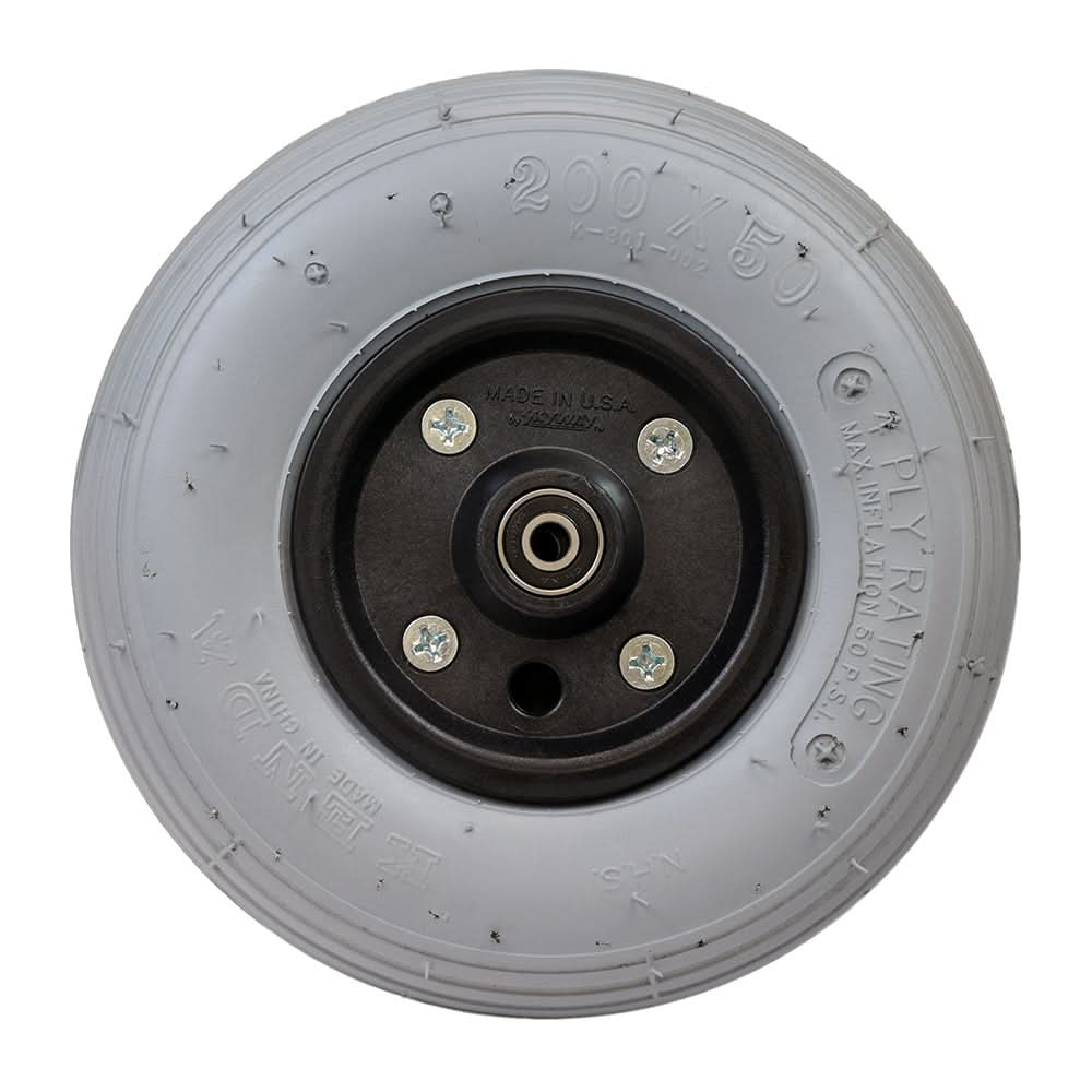 8x2 (200x50) Foam Filled Front Caster Wheel Assembly for Heartway Power Chairs, showcasing a close-up of the black rim, circular design, and visible screws for secure attachment.