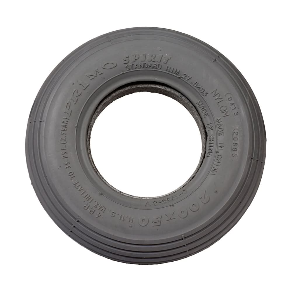 8x2 (200x50) Heavy Duty Foam-Filled Mobility Tire with C179G Spirit Ribbed Tread, showcasing a close-up of the ribbed tread and central hole designed for mobility scooters and power chairs.
