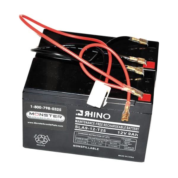High Capacity 9 Ah Razor 24 Volt Battery Pack with Wiring Adapter for E200/E200S (Versions 1-7) & E300/E300S (Versions 1-4), showing a close-up of the battery with attached wires and connectors.