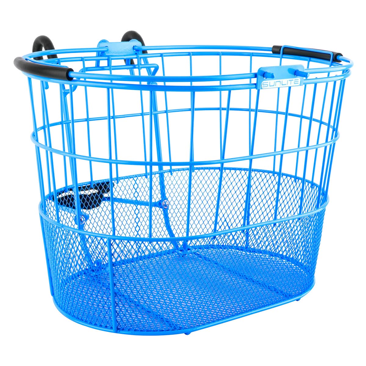 Wire Lift-Off Basket with Oval Mesh Bottom featuring black handles, perfect for carrying items while cycling or riding a scooter.