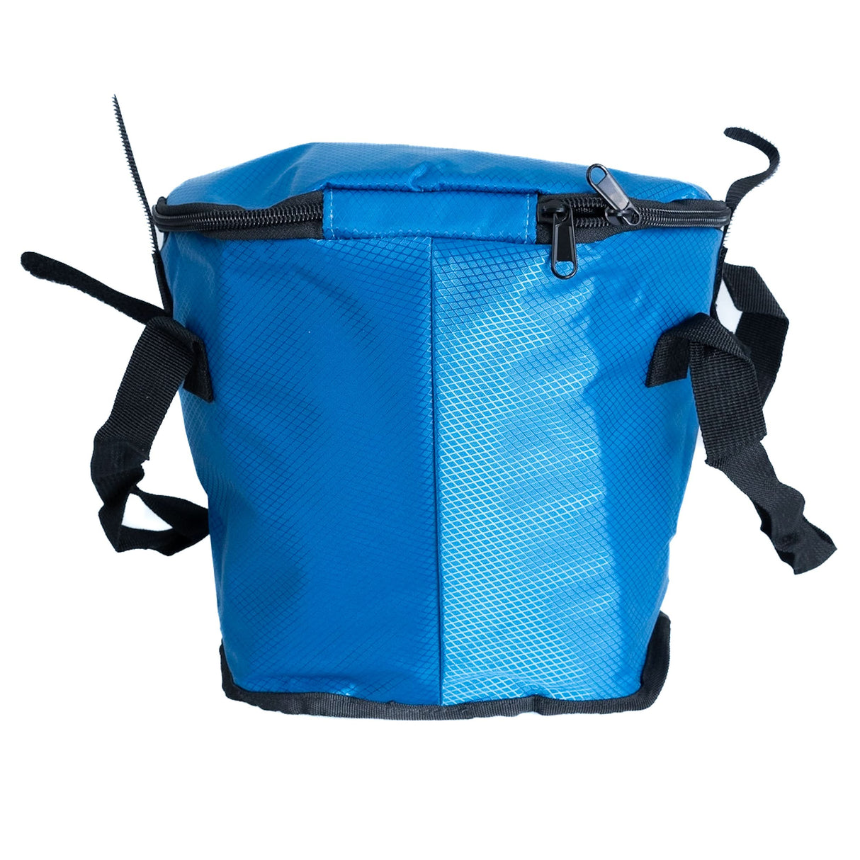 Insulated Front Basket Bag for Mobility Scooters, featuring a blue design with black straps, a large zippered compartment, and durable ripstop polyester construction, ideal for discreet storage on mobility devices.