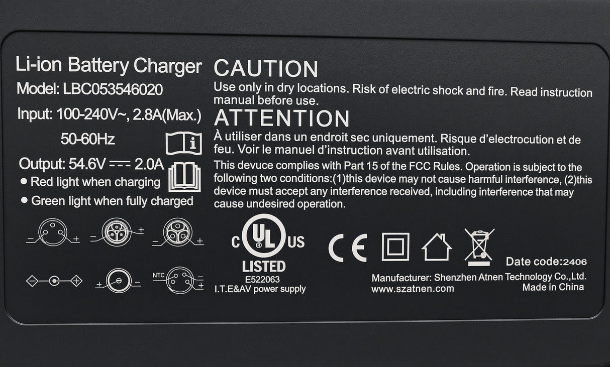 54.6 Volt 2.0 Amp Coaxial Lithium Battery Charger for Caroma P1, P5, & P7 Electric Scooters