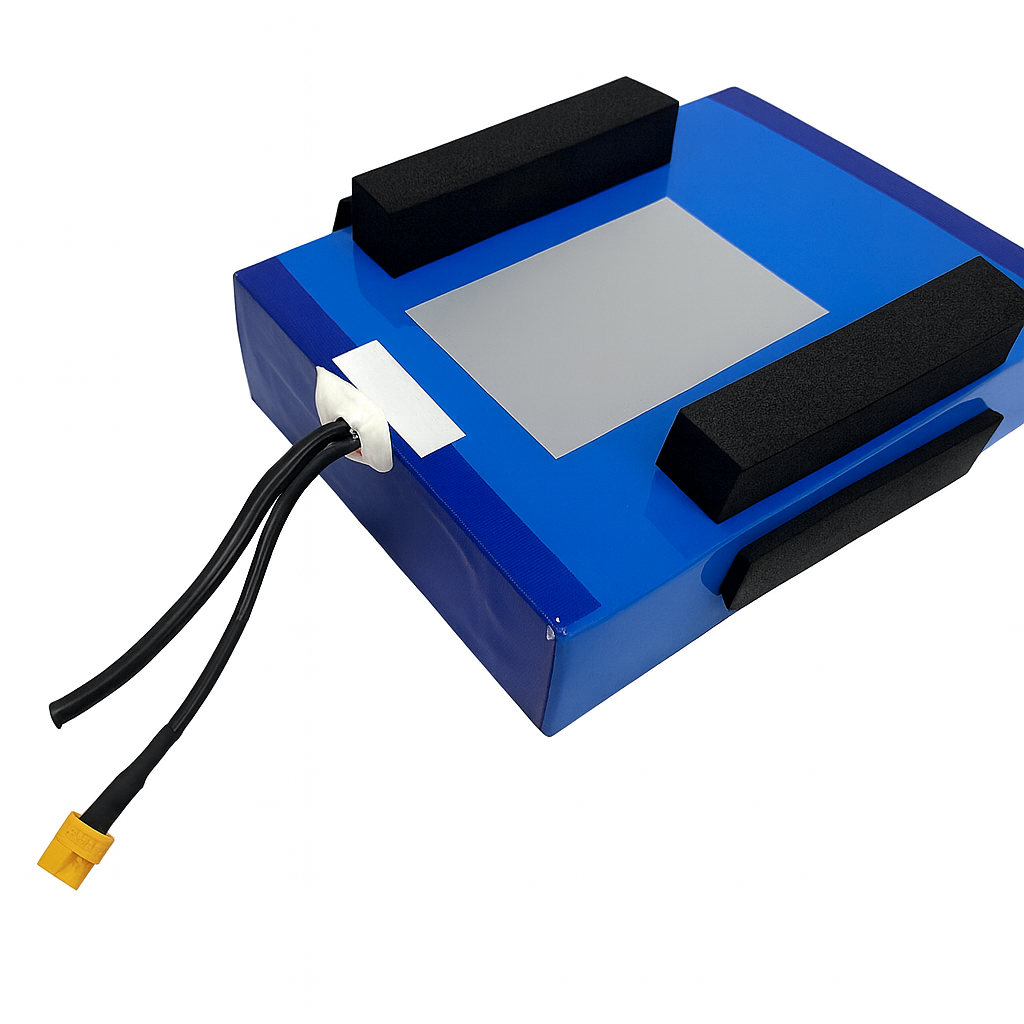 Blue lithium battery for Caorma scooters is a device with black components on a white background