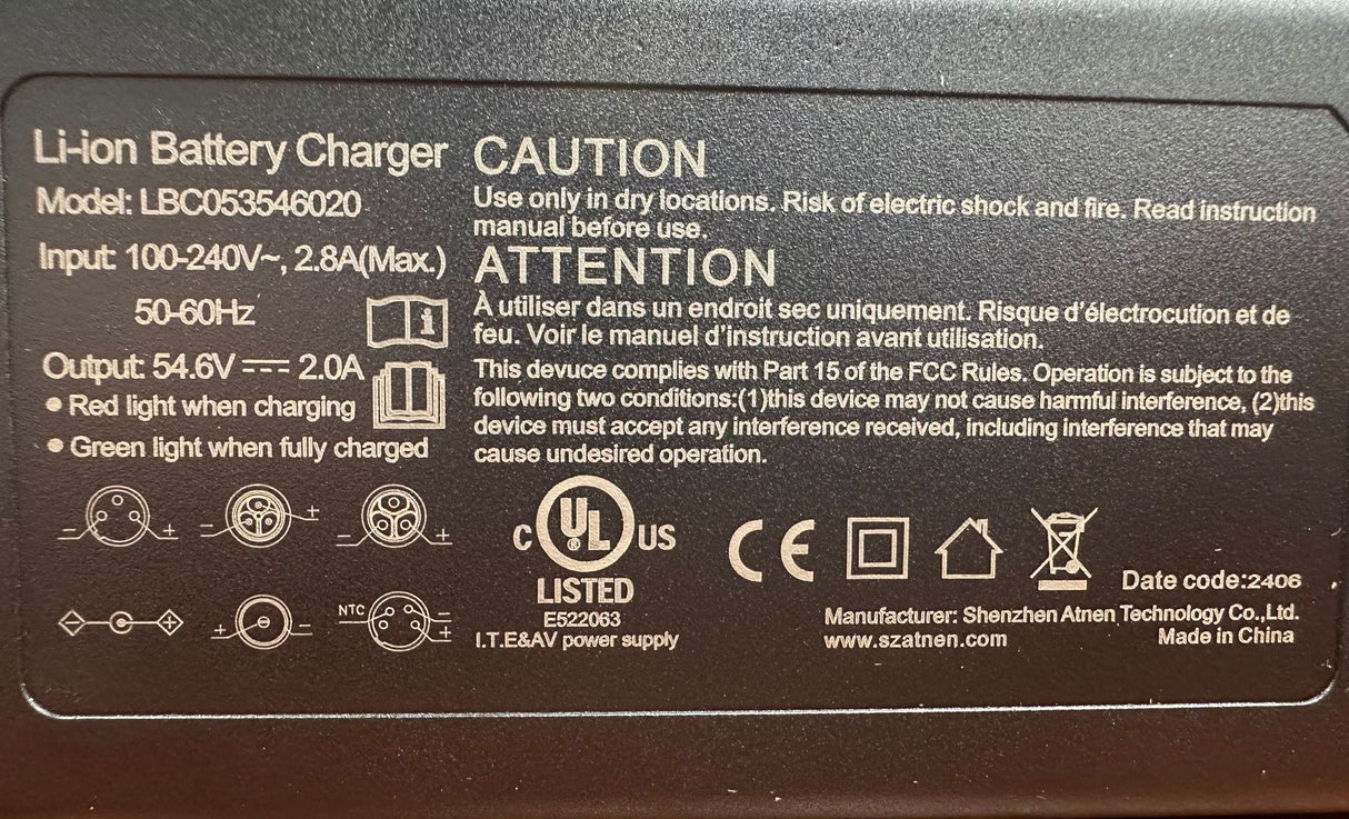 Charger for the Caroma P1 P5 P7 specifications label, 54 volts 2.0 amp output