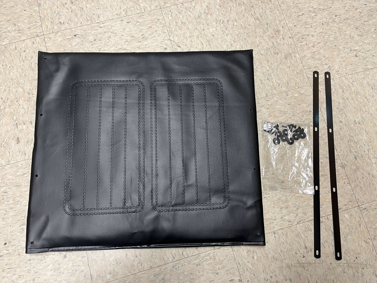 20 Seat Back Upholstery for Drive Medical Silver Sport 2 & Chrome Sport Wheelchairs (Blemished) with black vinyl finish, mounting hardware, and convenient back pouch visible amidst scattered metal objects.