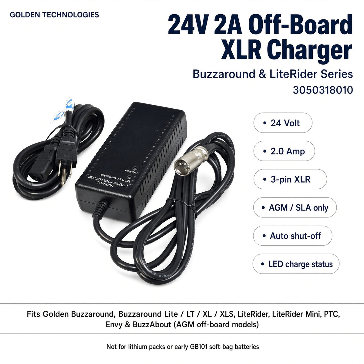 A 24V 2A off-board XLR charger by Golden Technologies, shown with its attached black power cord and connector cable on a white background. The image includes product specifications and compatibility text for Golden Buzzaround, Buzzaround Lite, XL, XLS, XLRider, LiteRider Mini, PTC, Envy, and BuzzAbout models.