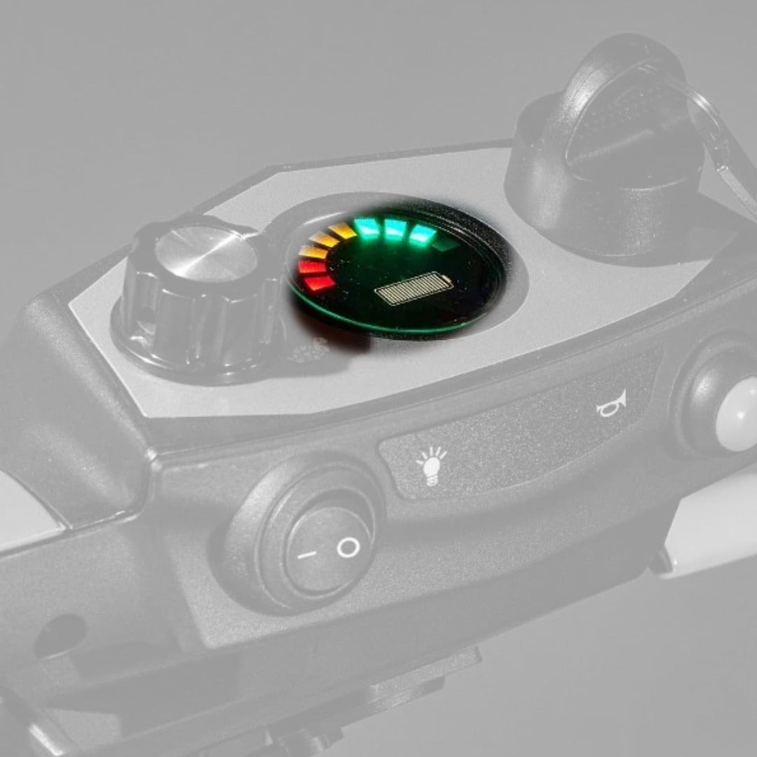 LED battery meter highlighted on the Golden Buzzaround CarryOn dash