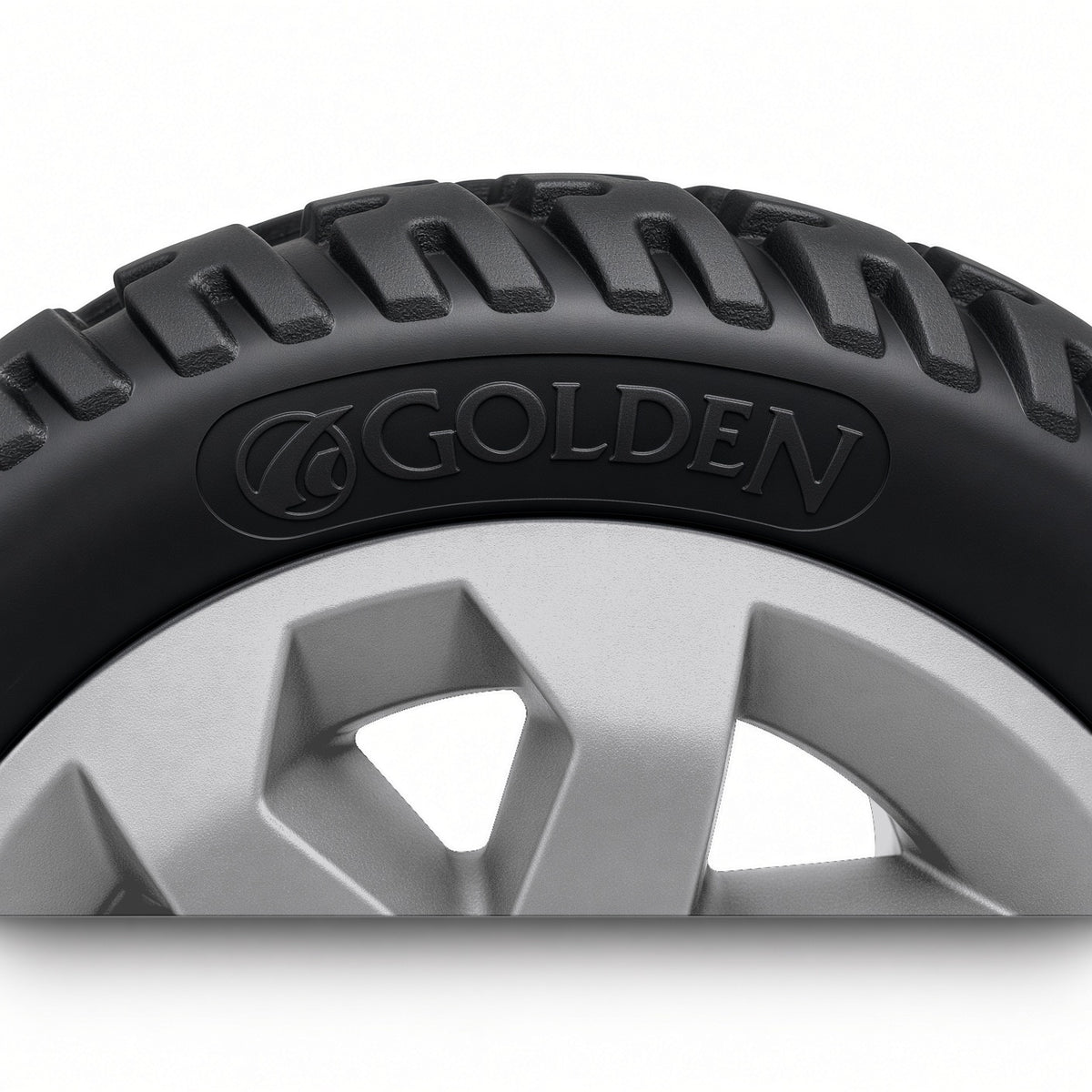 Close-up of the Golden logo molded into the tire sidewall of the Golden Companion II GC440 silver rear wheel MBW-0020, with tread detail.
