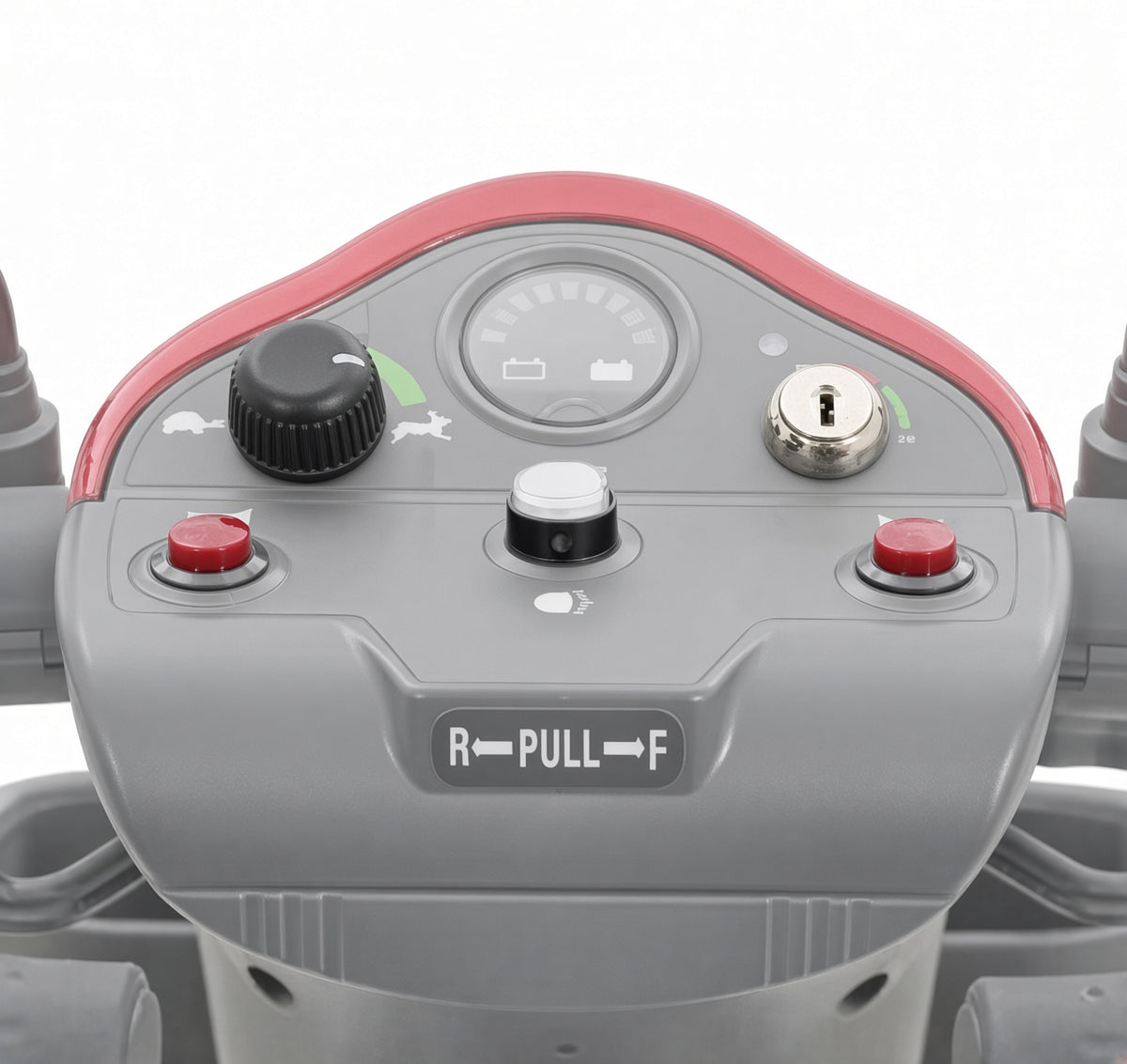 Golden Technologies MBM-C40-RHB red horn button shown installed on a Golden Companion scooter tiller console. Two red buttons are shown; this listing is for a single button.