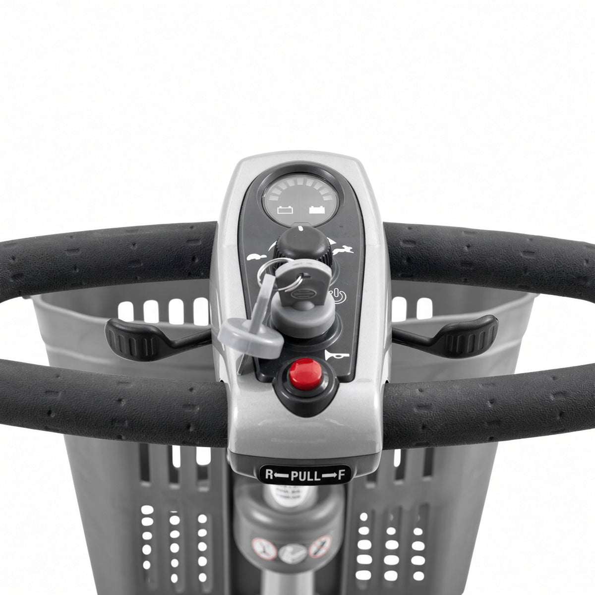 MBM-C40-RHB Close-up of a Golden scooter horn button control console with a front basket, shown on a clean white background.