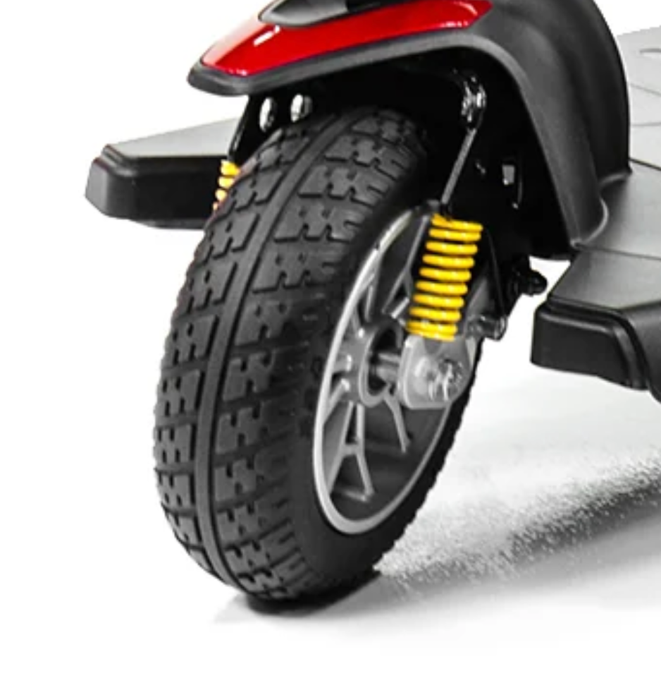 Installed pic of the front rim and wheel and tire for the Golden Buzzaround EX mobility scooter