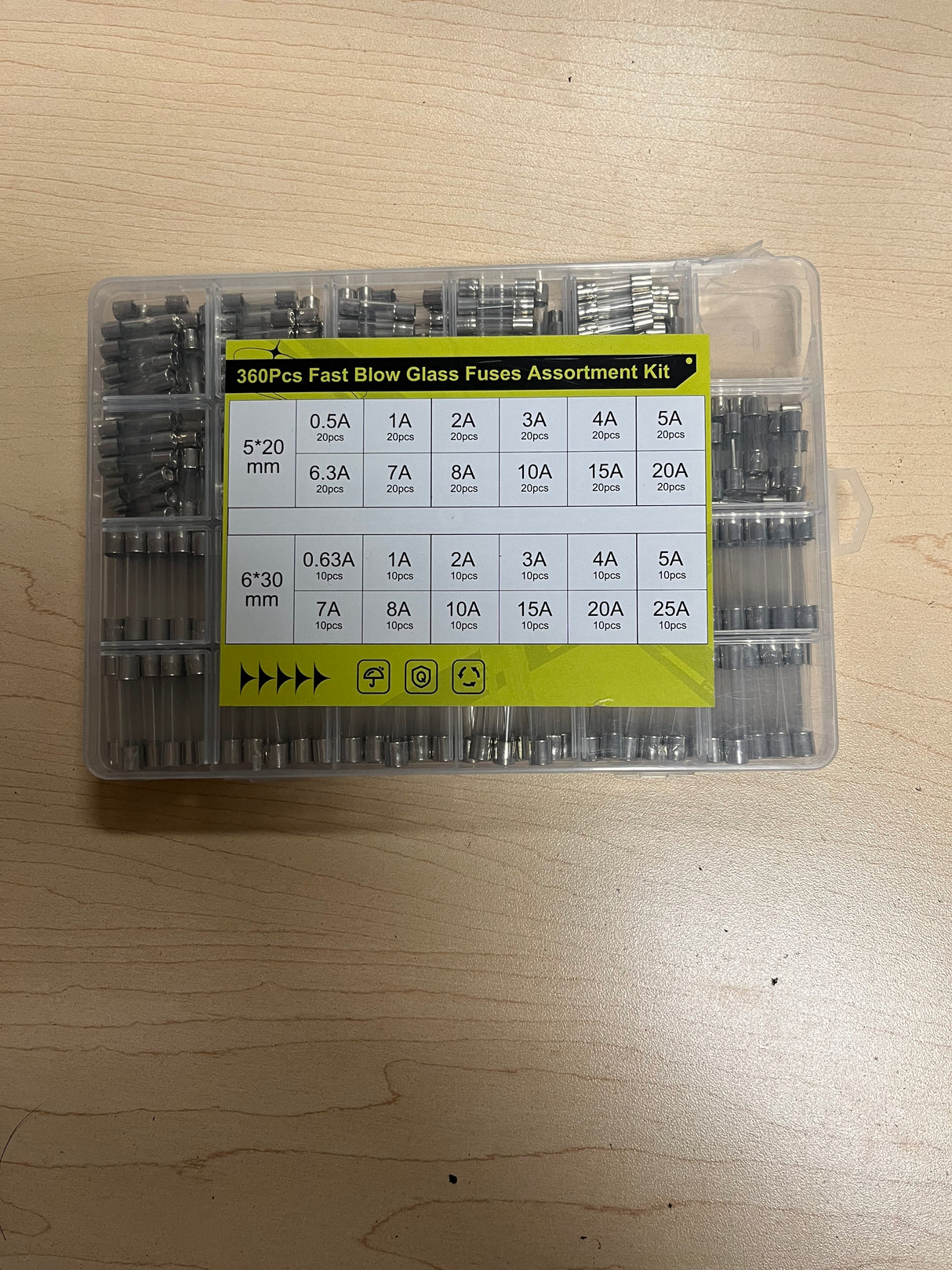 360 Piece AGC & GMA Glass Fuse Assortment Kit with 0.5A, 0.63A, 1A, 2A, 3A, 4A, 5A, 6.3A, 7A, 8A, 10A, 15A, 20A, and 25A breaking capacities (Missing Fuses)
