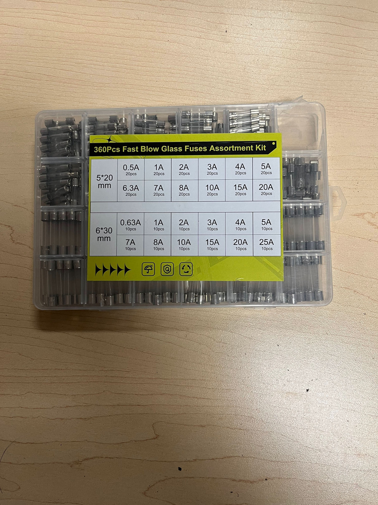 360 Piece AGC & GMA Glass Fuse Assortment Kit with 0.5A, 0.63A, 1A, 2A, 3A, 4A, 5A, 6.3A, 7A, 8A, 10A, 15A, 20A, and 25A breaking capacities (Missing Fuses)