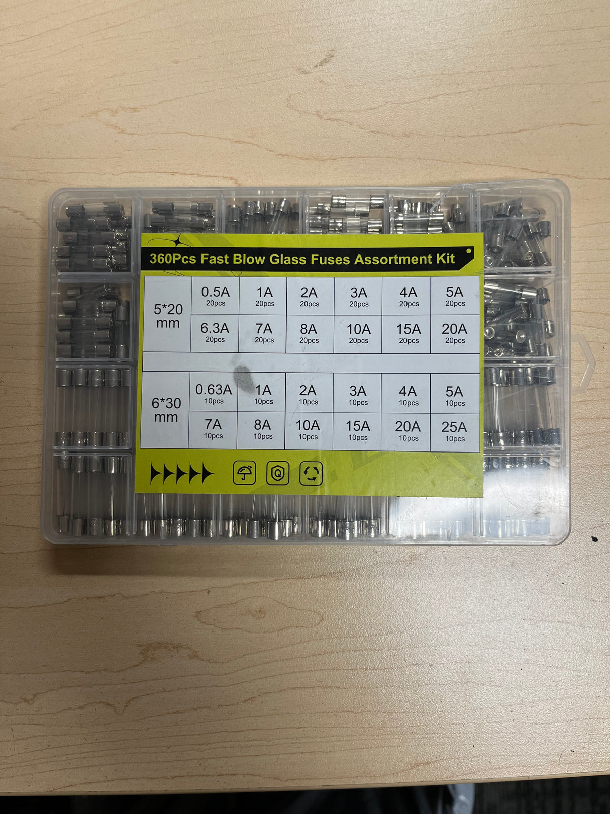 360 Piece AGC & GMA Glass Fuse Assortment Kit with 0.5A, 0.63A, 1A, 2A, 3A, 4A, 5A, 6.3A, 7A, 8A, 10A, 15A, 20A, and 25A breaking capacities (Missing Fuses/Blemished)