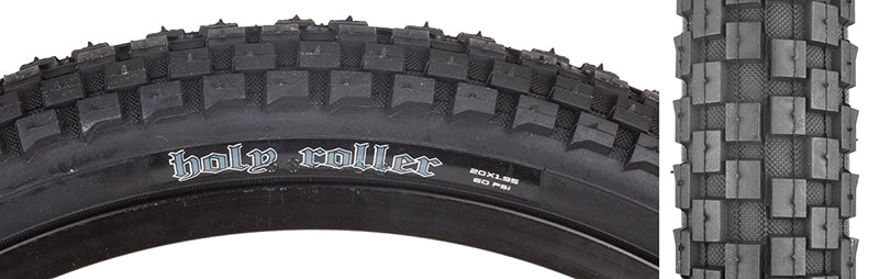 Close-up of a 20x1.95 Holy Roller SC Bicycle Tire, showcasing tightly spaced knobs and a round profile for durability and dependability.