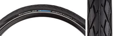 Close-up of the 24x1.75 Reflective Marathon Performance Twin GreenGuard Bicycle Tire, showcasing its durable construction with a white stripe and anti-aging sidewalls designed for long-lasting performance and E-bike compatibility.