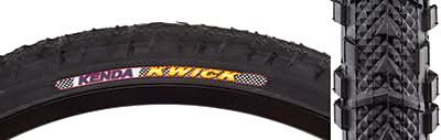 24x1.95 Kwick Bicycle Tire close-up showing the semi-slick center tread and larger shoulder knobs designed for commuting and off-road use, highlighting its multi-purpose tread pattern for improved durability and traction.