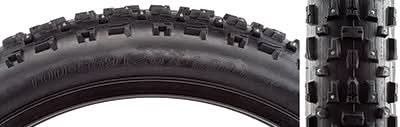 Close-up of the 26x4.0 Toboggan Bicycle Tire showcasing its studded fat tire with large, well-spaced knobs designed to shed snow, mud, and ice for demanding cold-weather cycling.