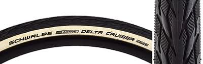 Close-up of a 26x1-3/8 Black/White Delta Cruiser Active Twin KG Bicycle Tire, showcasing its tread pattern and robust construction with K-Guard puncture protection and additional rubber coating on the side.