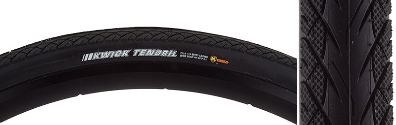 27x1-1/4 Reflective Kwick Tendril Sport Bicycle Tire, close-up view showing minimal tread, smooth surface, and continuous center ridge for city riding and commuting.
