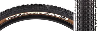 Close-up of a 27.5x1.90 Black/Brown Gravel King SK Bicycle Tire, showcasing five rows of square knobs between continuous ridges, designed for smooth rolling and superior grip on rough or gravel roads.
