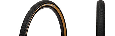 Close-up of the 27.5x1.90 Black/Brown Gravel King SS Bicycle Tire, showcasing its fast-rolling file tread center with micro knobs and long rectangular shoulder knobs, ideal for mixed gravel and road use.