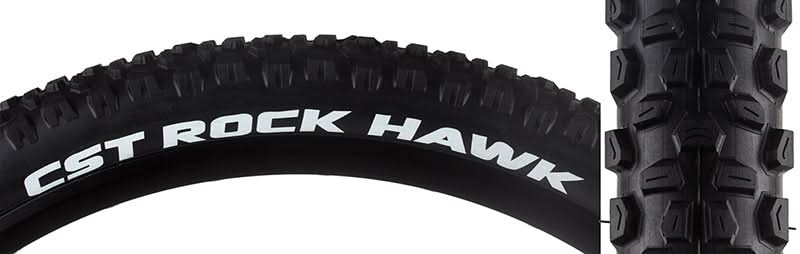 Close-up of a 27.5x2.25 Rock Hawk Bicycle Tire showcasing its aggressive tread pattern with large, well-spaced lugs designed for optimal performance on mountain bike trails with varying conditions.