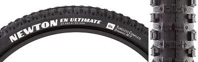 27.5x2.4 Newton Ultimate Bicycle Tire featuring close-up of the black tire with white text, highlighting its fast-rolling tread and side knobs for superior traction and durability.