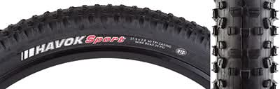 Close-up of the 27.5x2.8 Havok Sport DTC Bicycle Tire showcasing its tread pattern and dual rubber compounds designed for optimal trail performance.
