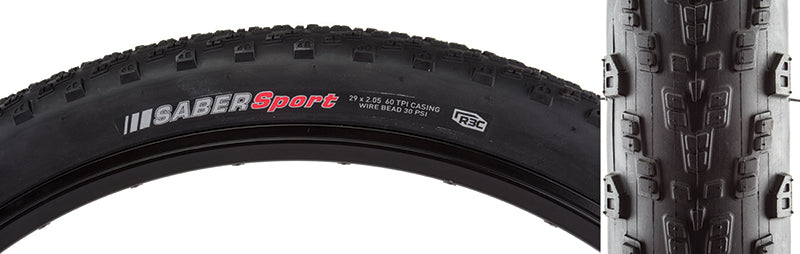 29x2.0 Saber Sport Bicycle Tire, showcasing a close-up of its low-profile tread design and exaggerated corner knobs for superior speed and traction.