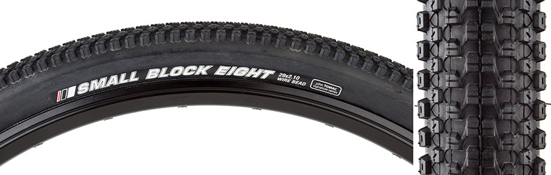 Close-up of a 29x2.1 Tomac Small Block 8 DTC Bicycle Tire, highlighting the tightly spaced knobs and intricate tread pattern, ideal for hard-pack XC racing.