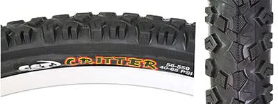 Close-up of a 29x2.1 Critter Bicycle Tire showcasing its raised center tread and lateral knobs designed for enhanced cornering traction. Visible tire tread details emphasize its dual and single compound construction for durability and performance.