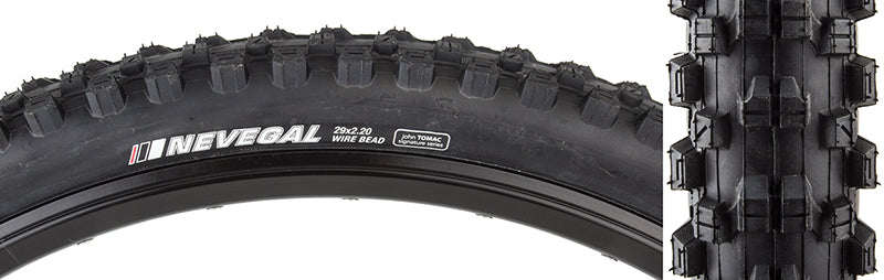Close-up of the 29x2.2 Nevegal DTC Bicycle Tire showcasing its advanced sidewall shield technology and dual tread compound design, emphasizing the durable center and corner knobs.