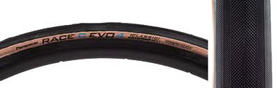 Close-up of the 700x23 Race C Evo4 Bicycle Tire, showcasing its lightly textured tread designed for control and ProTite belting for puncture resistance. Features advanced rubber compound for superior road traction.