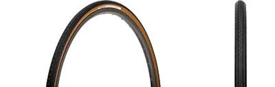 Close-up of the 700x28 Black/Brown Gravel King SS Bicycle Tire showcasing its fast-rolling file tread center, micro knobs on sides, and long rectangular shoulder knobs for mixed gravel and road use.