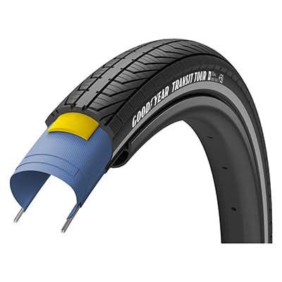 Close-up of the 700x35 Reflective Transit Tour S3 Bicycle Tire, showcasing its durable construction, directional siped tread, and reflective sidewall striping designed for all-weather traction and enhanced visibility.