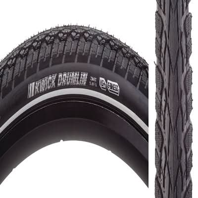 700x38 Reflective Kwick Drumlin Sport KS+ Bicycle Tire, featuring close-up of thick tread with deep siping, textured burly shoulder lugs, and reflective sidewall striping for low light visibility.