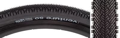 Close-up of the 700x50 Black/Black Venture TCS Bicycle Tire showcasing its supportive centerline tread, intermediate ridges, and outer knobs for enhanced traction and cornering on various terrains.