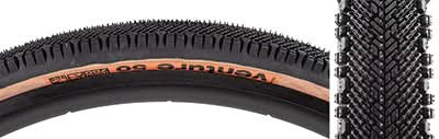Close-up of 700x50 Black/Tan Venture TCS Bicycle Tire showcasing intricate tread design for traction on various terrains, including intermediate ridges and outer knobs for cornering confidence and sidewall protection.
