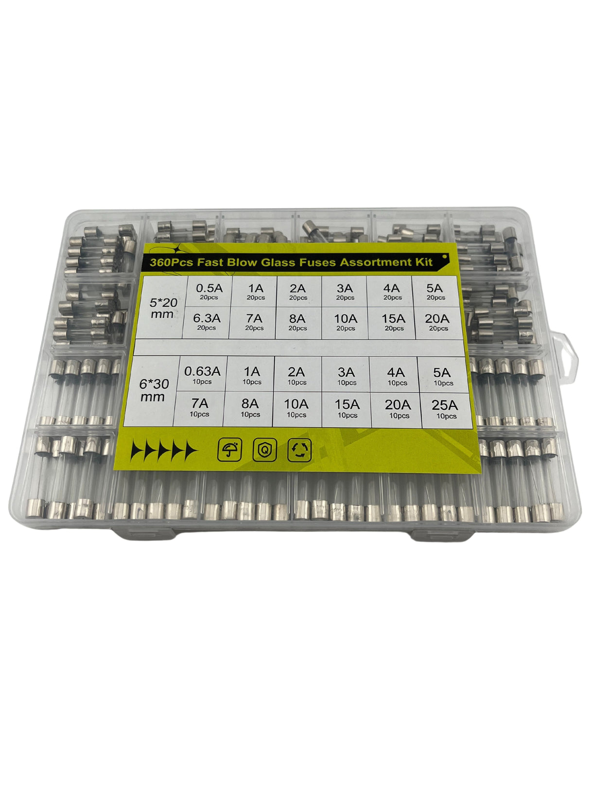 360 Piece AGC & GMA Glass Fuse Assortment Kit with 0.5A, 0.63A, 1A, 2A, 3A, 4A, 5A, 6.3A, 7A, 8A, 10A, 15A, 20A, and 25A breaking capacities (Missing Fuses)