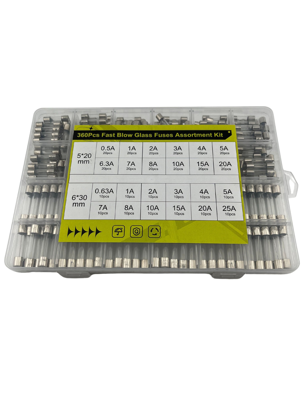 360 Piece AGC & GMA Glass Fuse Assortment Kit with 0.5A, 0.63A, 1A, 2A, 3A, 4A, 5A, 6.3A, 7A, 8A, 10A, 15A, 20A, and 25A breaking capacities (Missing Fuses/Blemished)