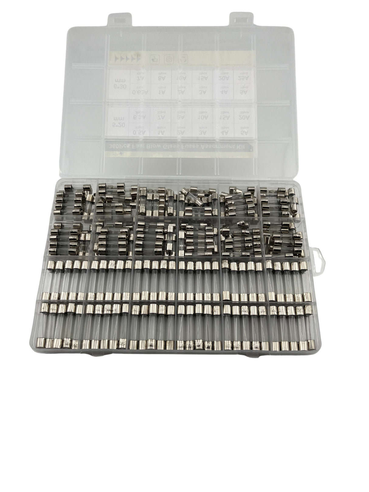 360 Piece AGC & GMA Glass Fuse Assortment Kit with 0.5A, 0.63A, 1A, 2A, 3A, 4A, 5A, 6.3A, 7A, 8A, 10A, 15A, 20A, and 25A breaking capacities (Missing Fuses)