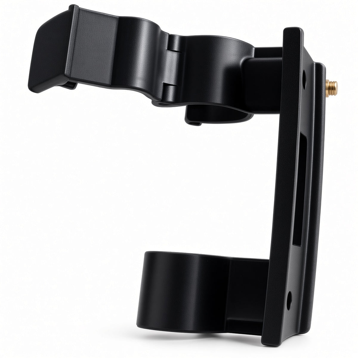 A black cand holder mounting bracket with a quick-release clasp and a small brass screw fastener, shown on a clean white background.