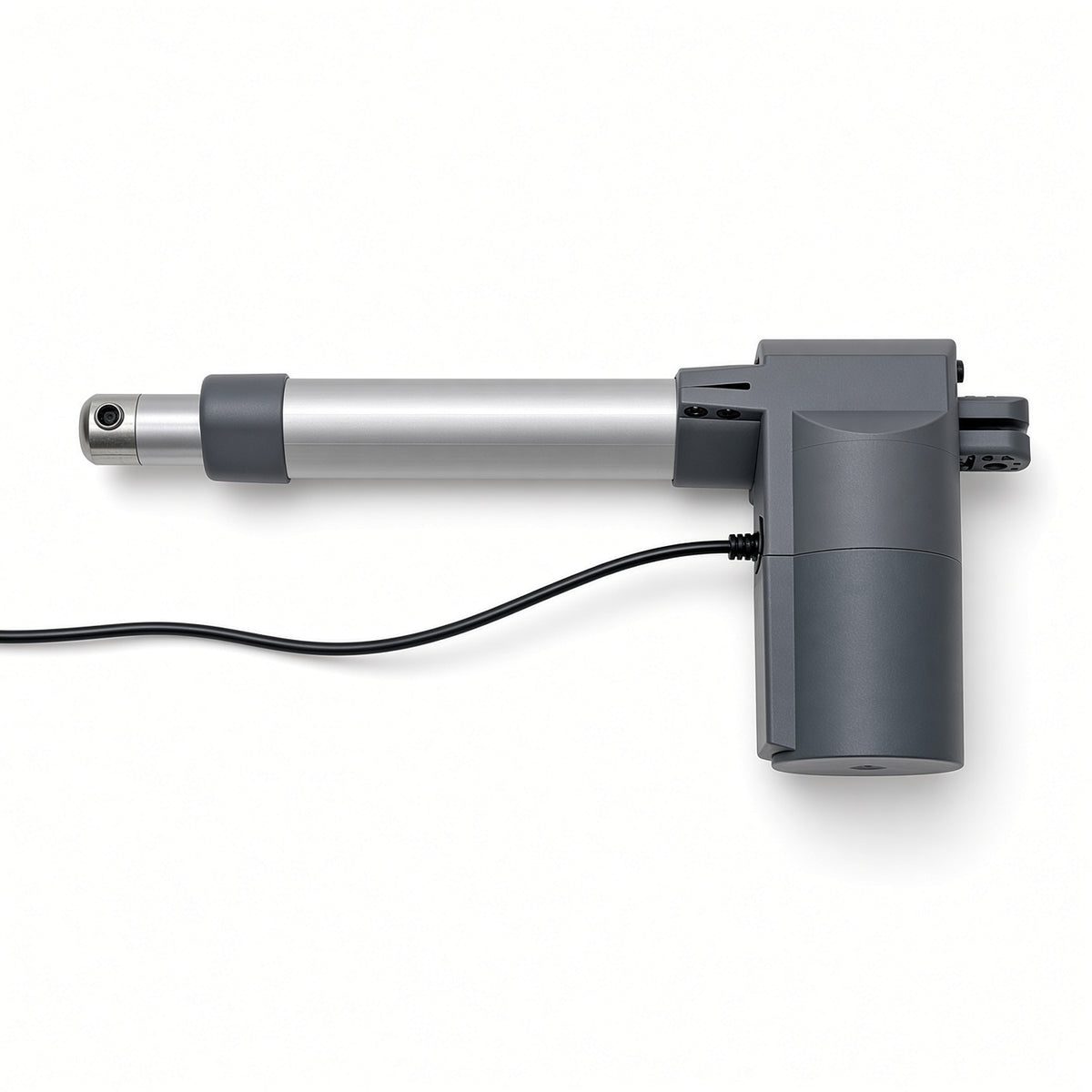 A linear electric actuator with a silver metal rod, dark gray plastic components, and a black power cable, shown on a clean white background.